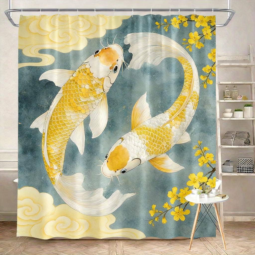Luxury Golden Koi Fish with Cherry Blossoms Waterproof Shower Curtain for Feng Shui Bathroom Decor