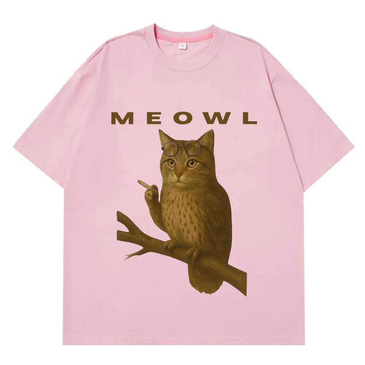 Retro 90s Cat Owl Pattern TShirt Styleaesthetic Trendy ShortSleeve Solid Color Casual HipHop Top S