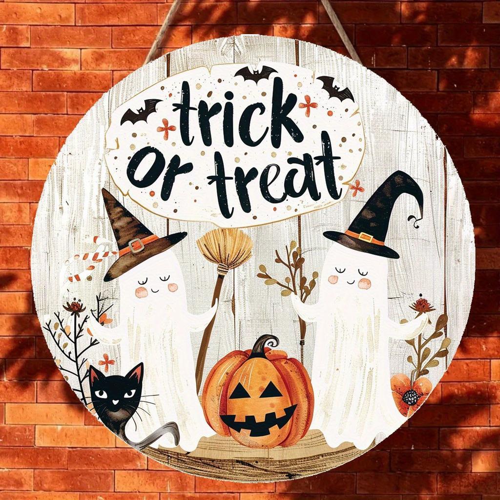 2d Flat 20*20cm, Halloween Home Decoration, Halloween Pumpkin, Black Cat and Ghost, "trick or Treat" Wooden Circular Logo, for Home, Garden, Kitchen