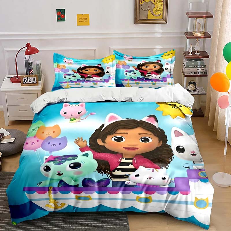 G-Gabby Cartoon Dollhouse Bedding Set Printed Bed Set Duvet Cover Sheet Pillowcase Bed Soft Quilt Cover Full Queen King Size