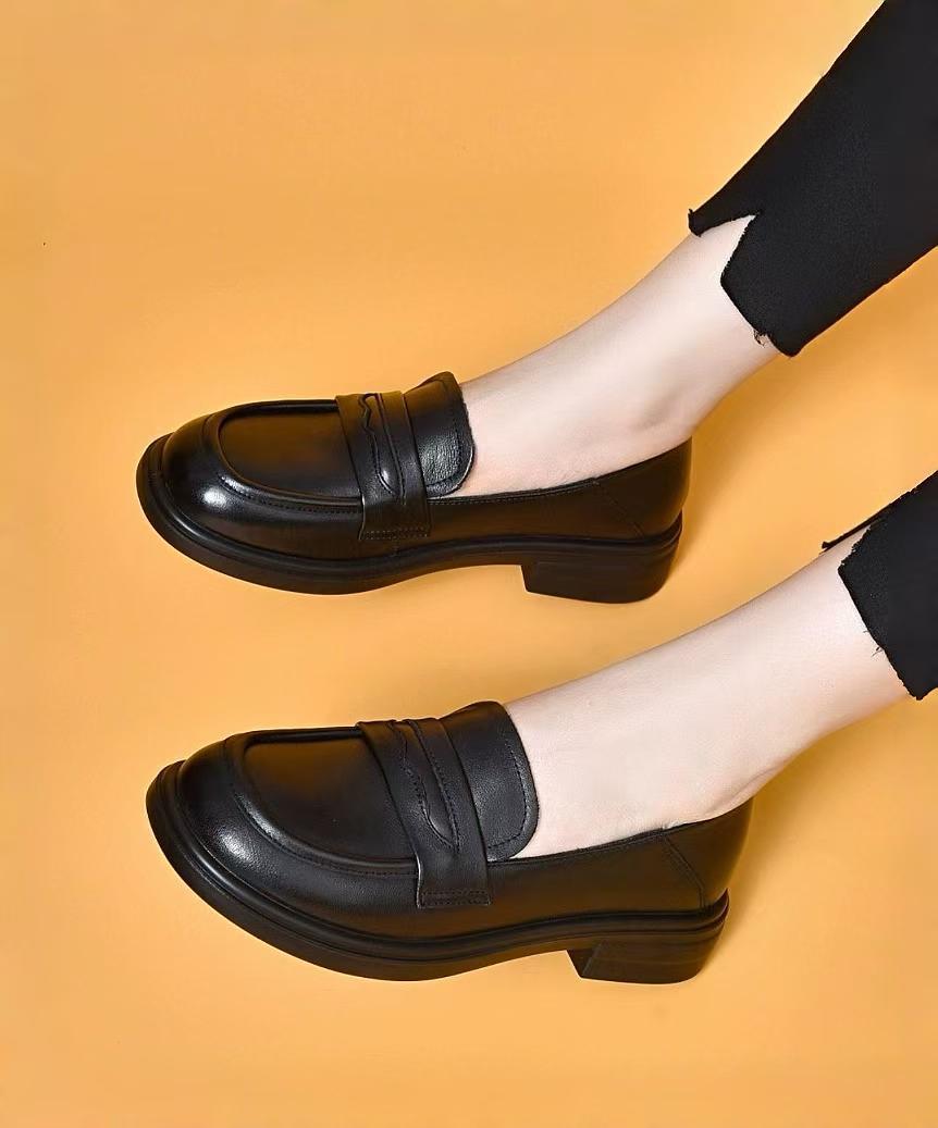 

Туфли-лоферы женские из натуральной кожи с круглым носком, маленькие размеры, черные, из коровьей кожи первого слоя, базовые для стопы 41 чёрный