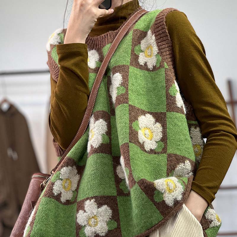 Vest for Women Cotton Autumn Winter Sleeveless Tops Vest Floral Pattern Knitted Vest Oversize Thickened Vest