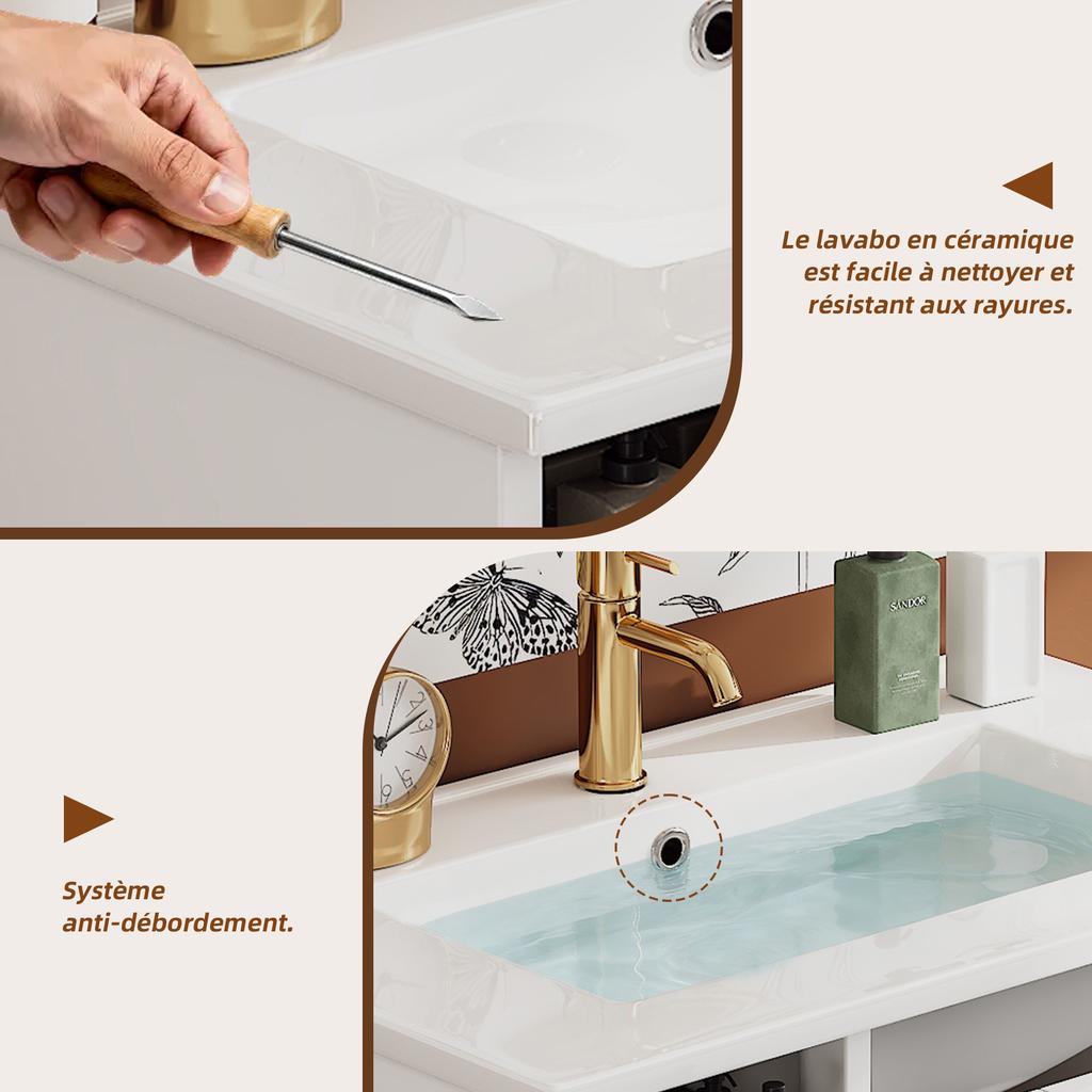 76 x 47 x 86 cm, Lavabo Autoportante, Laccato, Lavabo in Ceramica a Prova di Perdite, 8 Cassetti, Basso Rumore, Cerniere Soft-Close, Maniglie Argentate, Bianco.