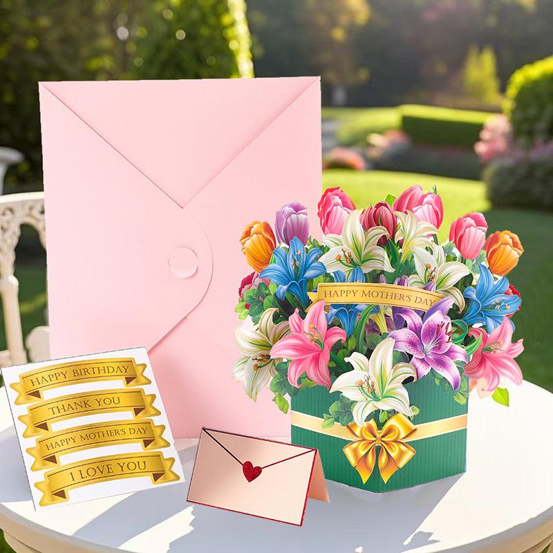 Premium 3D Pop Up Flower Bouquet Card Mothers Day Present Valentines Day Anniversary Birthday Greeting Cards Thank You Wishes Gifts
