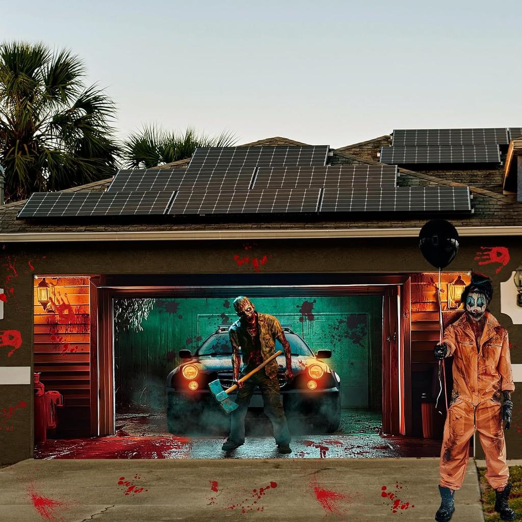 Spooky Zombie Garage Door Backdrop Blood Splatter Horror Scene Banner Outdoor Halloween Decor Haunted House Patio Wall Cover