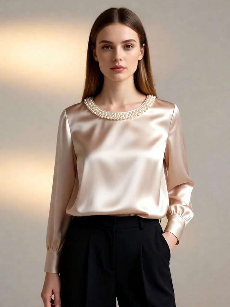 Zomerse Franse Chic Parel Ronde Hals Satijnen Blouse Top voor Dames