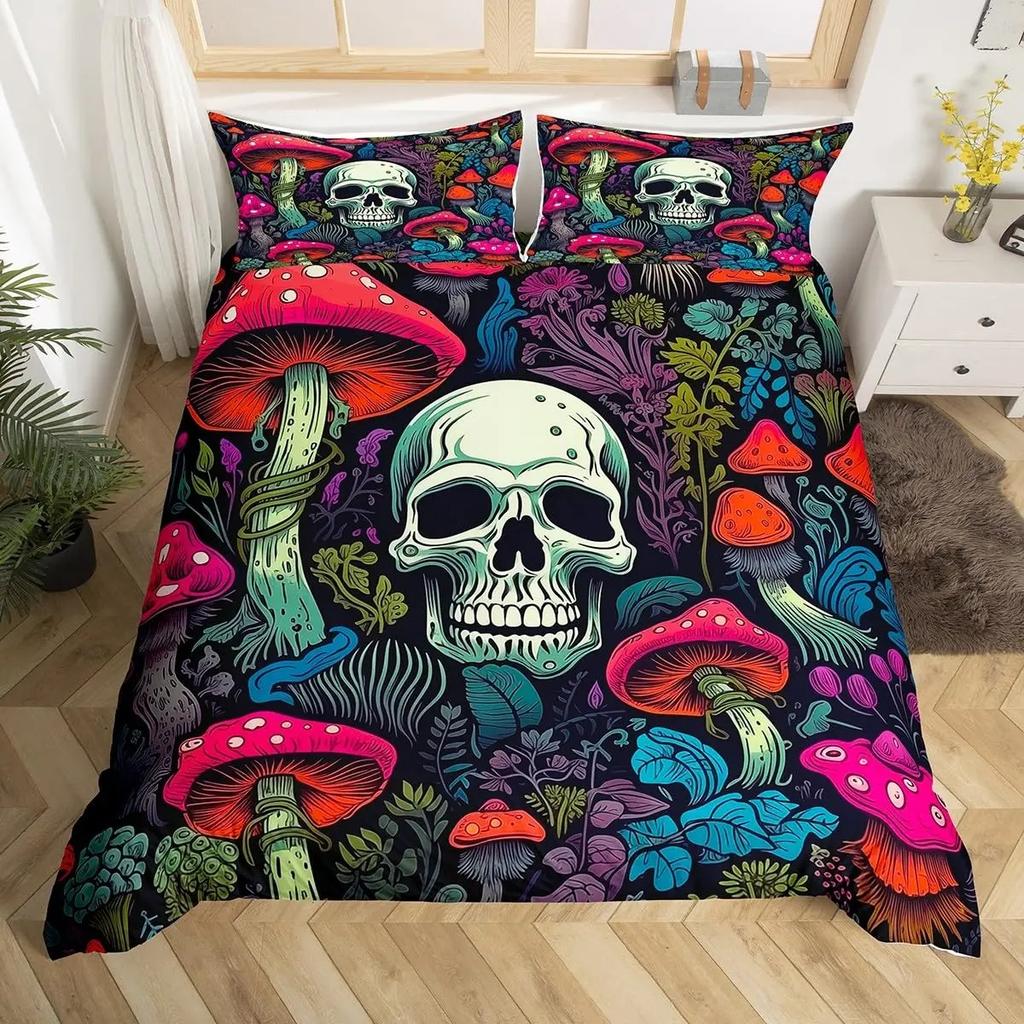 Gotisches Zuckerschädel Knochen Bettwäsche Set Skelett Hand Bettdecke Bezug Rosenblätter Romantische Blumen