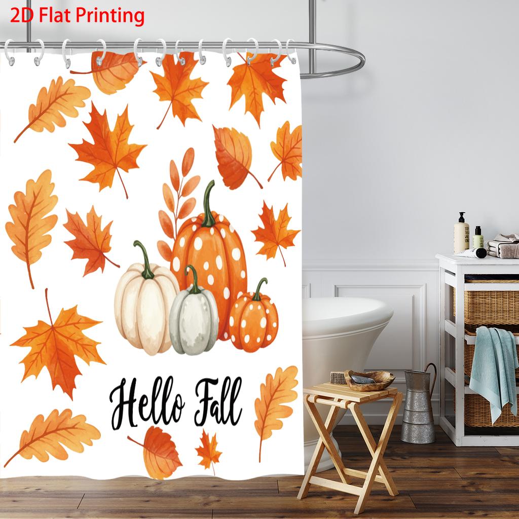 1pc Autumn Harvest Thanksgiving Pumpkin Print Waterproof Shower Curtain Privacy Multi Size with 12 Hooks Easy Install