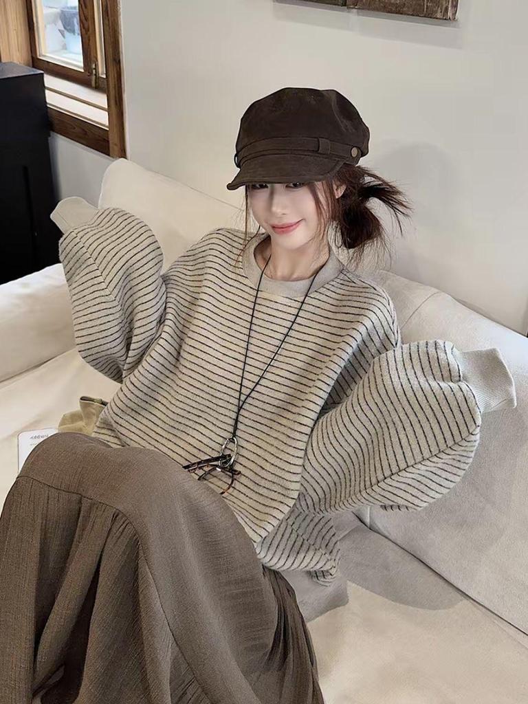 Damen Retro Gestreiftes Rundhals Langarm Sweatshirt - 2025 Koreanischer Stil Lockerer Schnitt Herbst/Winter Trend