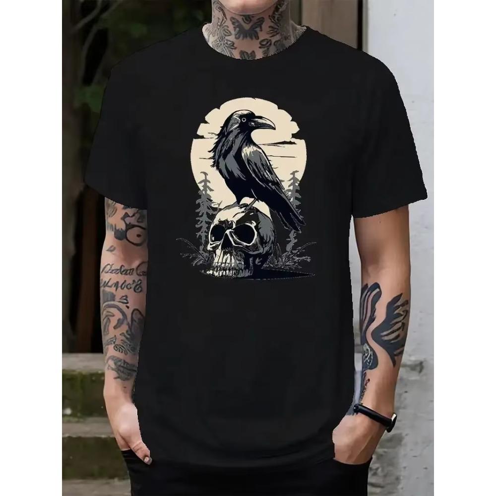 Skull And Crow Pattern Print Men's Creative Top, Casual Short Sleeve Crew Neck T-shirt, Men's Clothing For Summer Outdoor