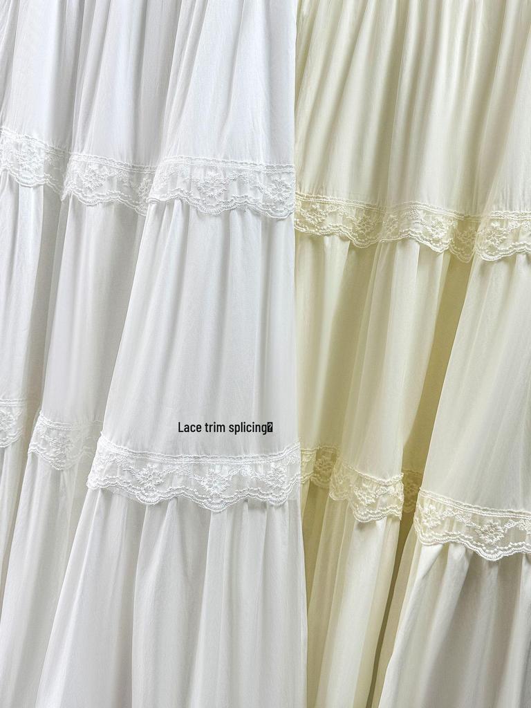 2026 Spring/Summer French Niche White Lace A-Line Ruffle Skirt with Wide Hem