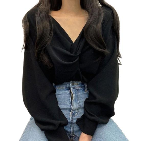 Women Shirt V-Neck Lantern Long Sleeve Pullover Tops Solid Color Knotted Design Regular Fit Tops