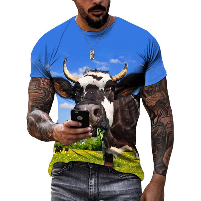 New 3D Funny Animal Cattle Graphic T Shirts Summer Men Fashion Personality Interest Printed Round Neck Short Sleeve Tees Tops