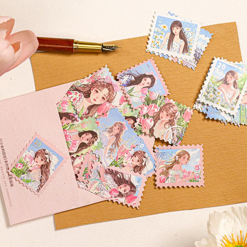 Sweet Cartoon Girl Stamp Style Decor Stickers, 20pcs, Girlish Heart Journal Diary DIY Material, Student Stationery