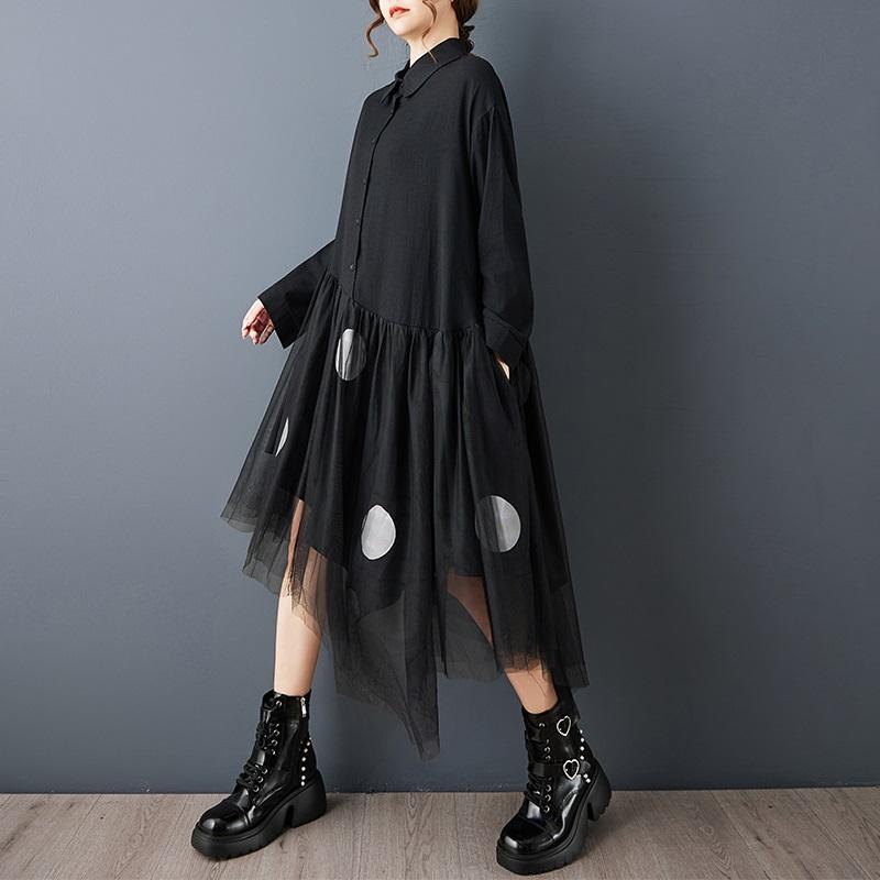 Robe chemise à manches longues grande taille en coton noir à pois vintage, nouvelle collection, robes pour femmes, décontractée ample, printemps automne