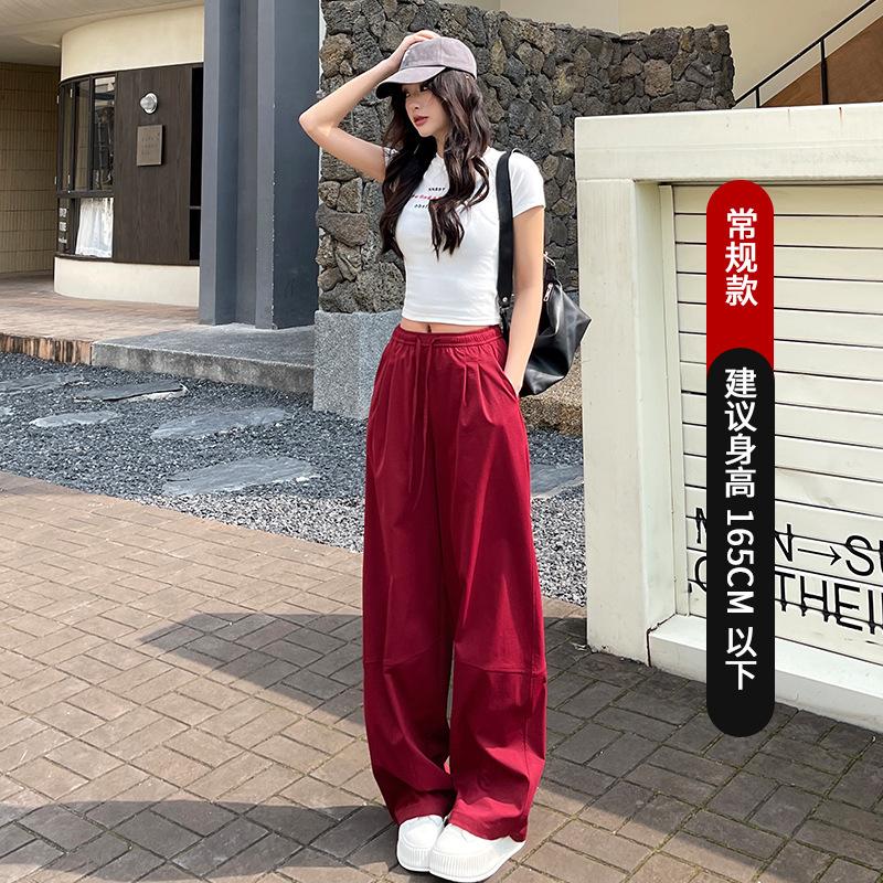 Women Quick Dry Athletic Pants High Waist Loose Fit Red Straight Leg American Style Wide Trousers