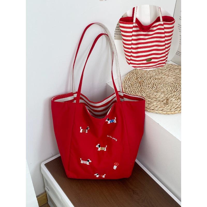 Early spring new dopamine double-sided shoulder bag cute dachshund dog embroidered canvas bag small fresh nylon underarm bag