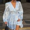 2026 Womens Elegant Print A-Line Dress With Puffed Sleeves High Waist Fit