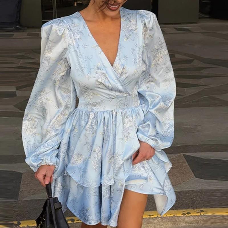 2026 Womens Elegant Print A-Line Dress With Puffed Sleeves High Waist Fit