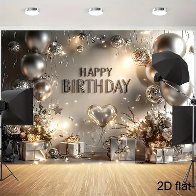 2D Silver Happy Birthday Backdrop Banner Balloon Gift Photography Background for Party Decor