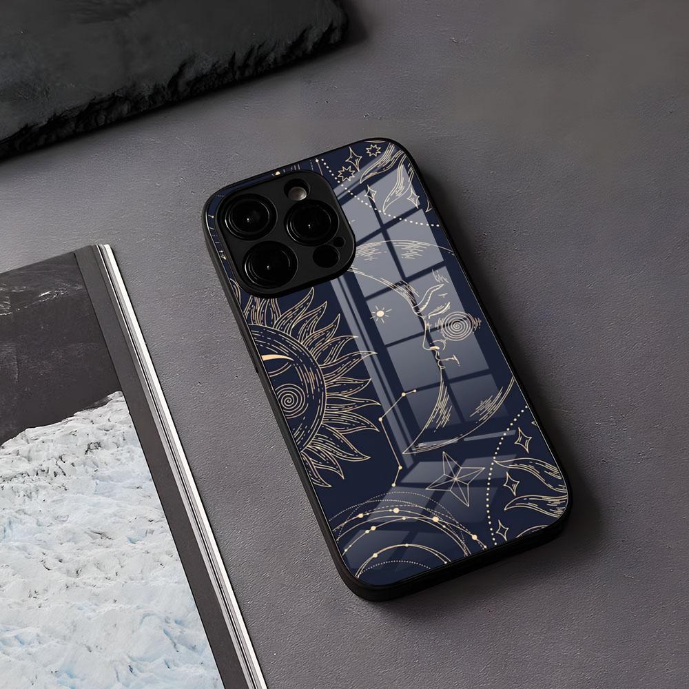 Yinuoda Funny Sun Moon Face Phone Case For IPhone 17 Air 16 E Pro Max 15 14 13 Mini 12 Pro 11 Max Plus Black Glass Cover