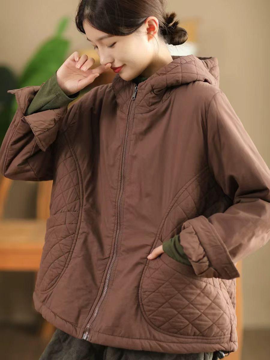 

Johnature Fashion с капюшоном, свободная молния, однотонное повседневное пальто, женское зимнее пальто с длинными рукавами в китайском стиле One Size кофейный