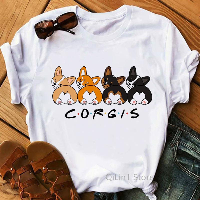 

Women Clothes 2025 Summer Cartoon Corgis Print Funny Graphic T Shirts Girls Cute Top Female T-Shirts Dog Lover Birthday Gift Tee M білий
