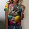 Maglietta da donna alla moda, con stampa 3D, motivo a gatto kawaii, a maniche corte, girocollo, estiva, casual, da strada, semplice