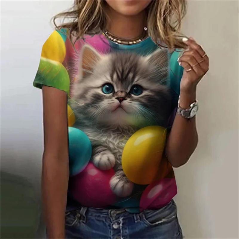 Maglietta da donna alla moda, con stampa 3D, motivo a gatto kawaii, a maniche corte, girocollo, estiva, casual, da strada, semplice