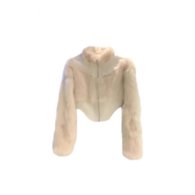 Womens Soft Faux Fur Short Coat In Cream Stand Collar Leather Patchwork Elegant Chic Style Winter 2025