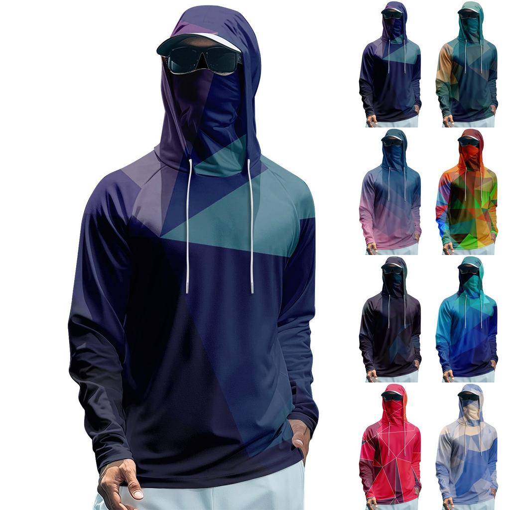 Men's Summer Gradient Color Geometry Quick-drying Long-sleeved T-shirt Sun Clothing Fishing Fitness Sports Hooded Long-sleeved Top