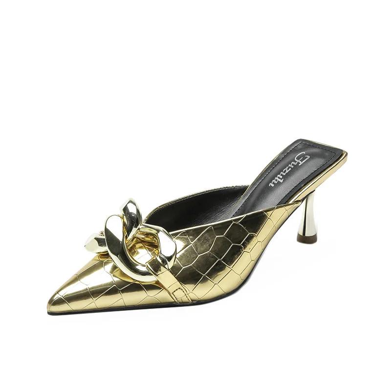 Fashion Baotou Half Slippers Women's Summer New Pointed Toe Fashion Half Support Women's Shoes Soft Pu Leather Thin Heel Slippers Mules