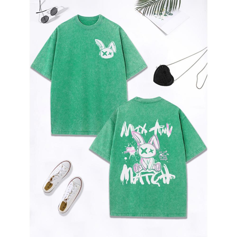 Cartoon Rabbit Match Graffiti Text Prints Washed T-Shirt Women Cotton Oversize Tops O-Neck Distressed T Shirt Clothes