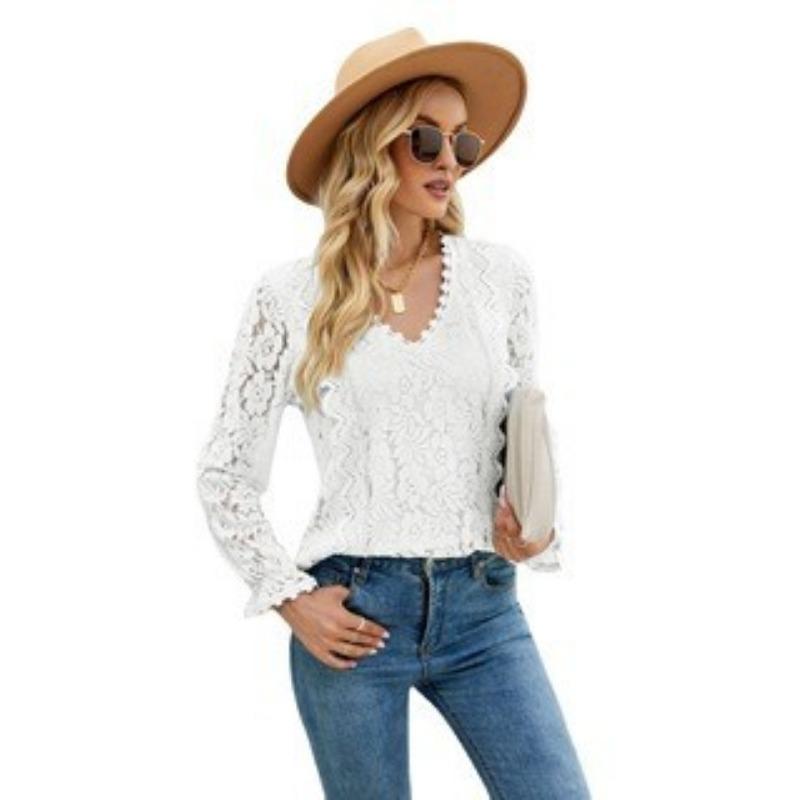 Spring and Autumn Women's Blouse Lace Long Sleeve Solid Colour Hollow Out Lace Sexy Knitted Top