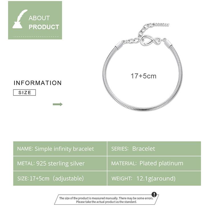 BAMOER 925 Sterling Silver Bracelet Simple Snake Bone An Infinity Symbol Plated Platinum Chain Bracelet Women Jewelry