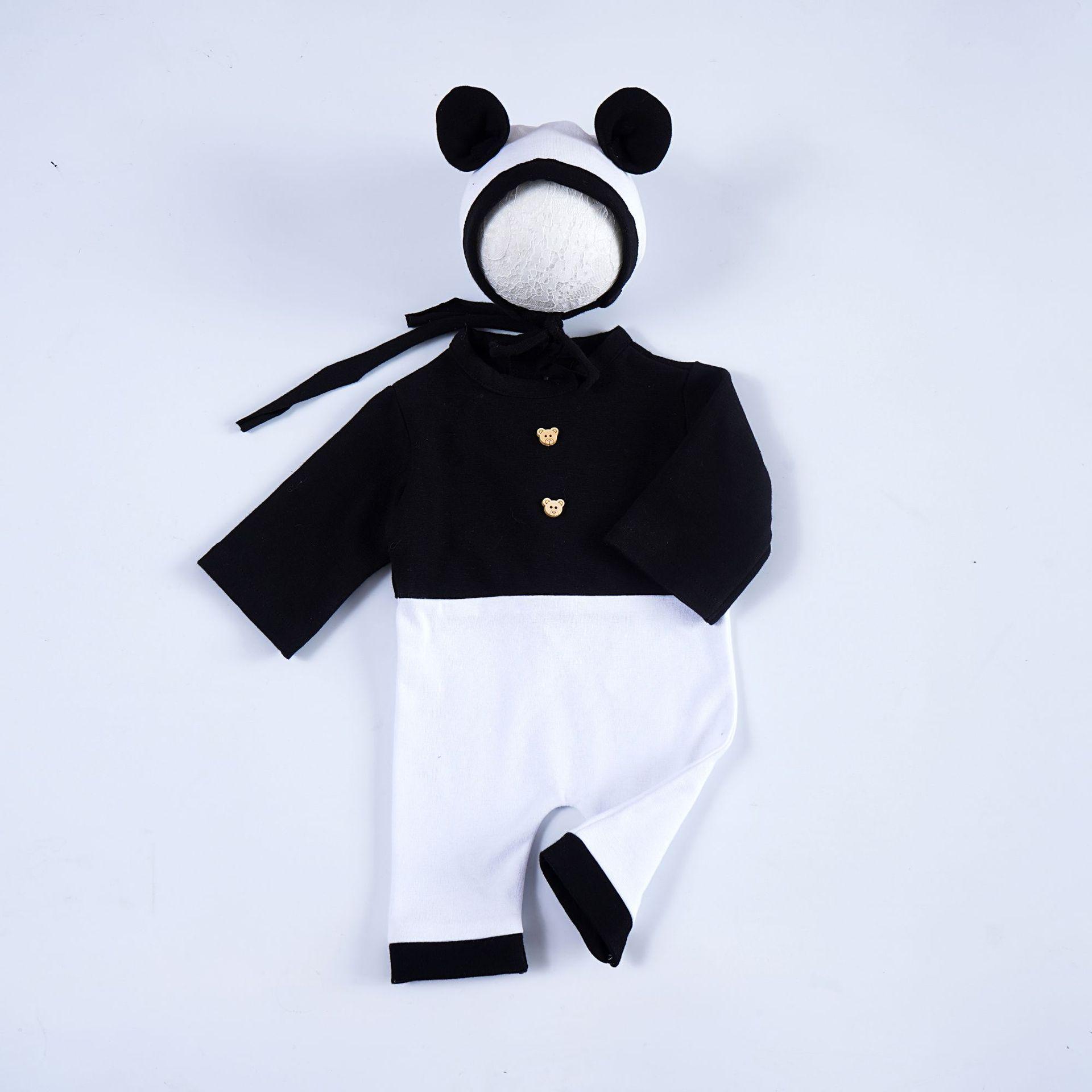 

Panda-Themed Newborn Photo Set: Knitted Romper, Hat & Doll Newborn