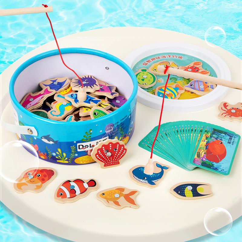 Kids' Magnetic Wooden Fishing Game - Cartoon Marine Life Educational Toy