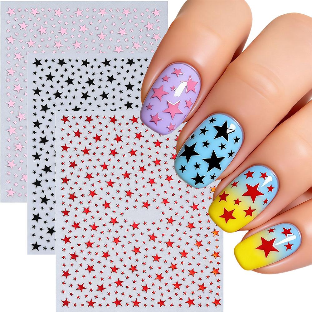 3D Y2K Dopamine Star Nail Stickers 3D Shiny Pink/Red/Green/Blue Five-Piont Stars Nail Decals 8*10cm Self-Adhesive Nail Decortion