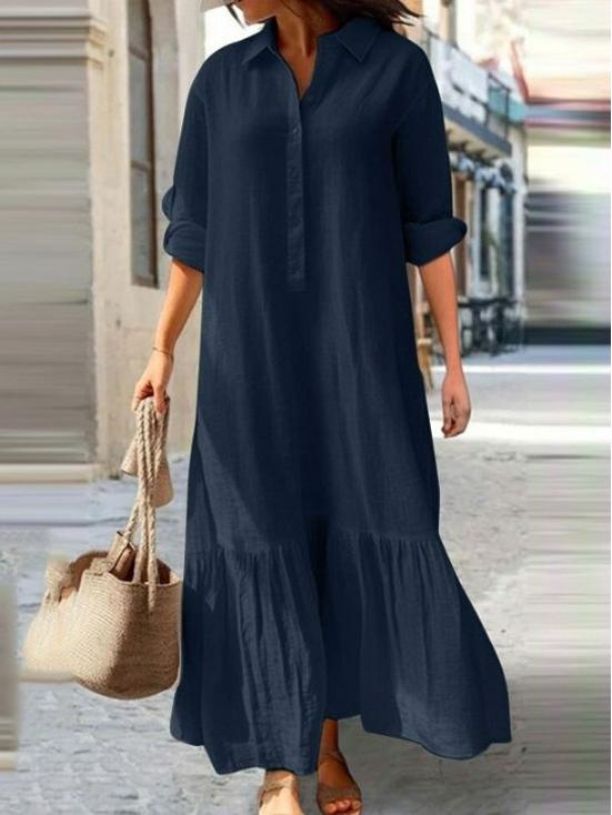 European & American Cotton Linen Irregular Long Casual Dress with Twist Button & Shirt Collar