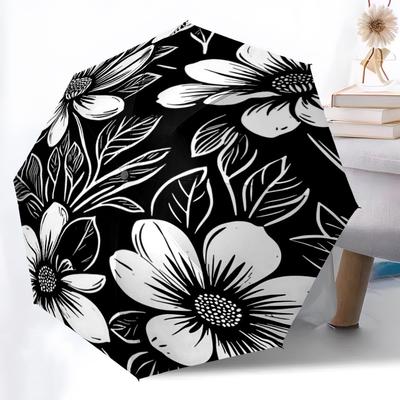 1pc Black and White Floral Pattern Pattern Automatic Umbrella Is Fashionable and Good-Looking, a Portable 3-Fold Umbrella, Suitable for Travel and Dai