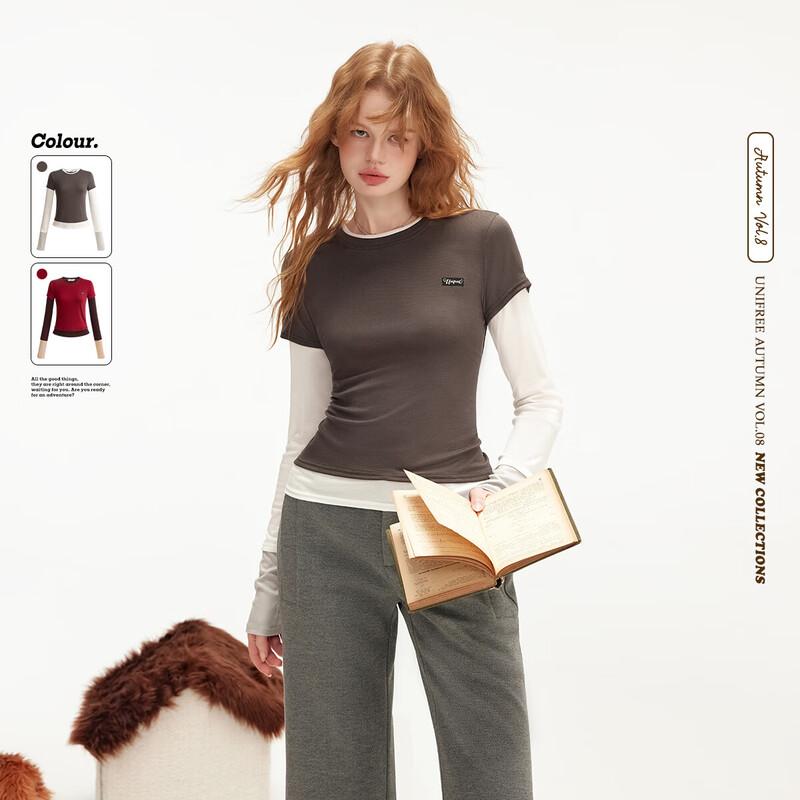 UNIFREE Sweet Cool Color-block Faux Two-Piece Long Sleeve T-Shirt M