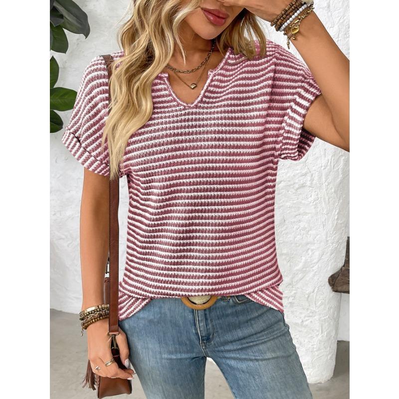 Summer New Women's V-neck Short-sleeved Loose Striped Casual Pullover T-shirt