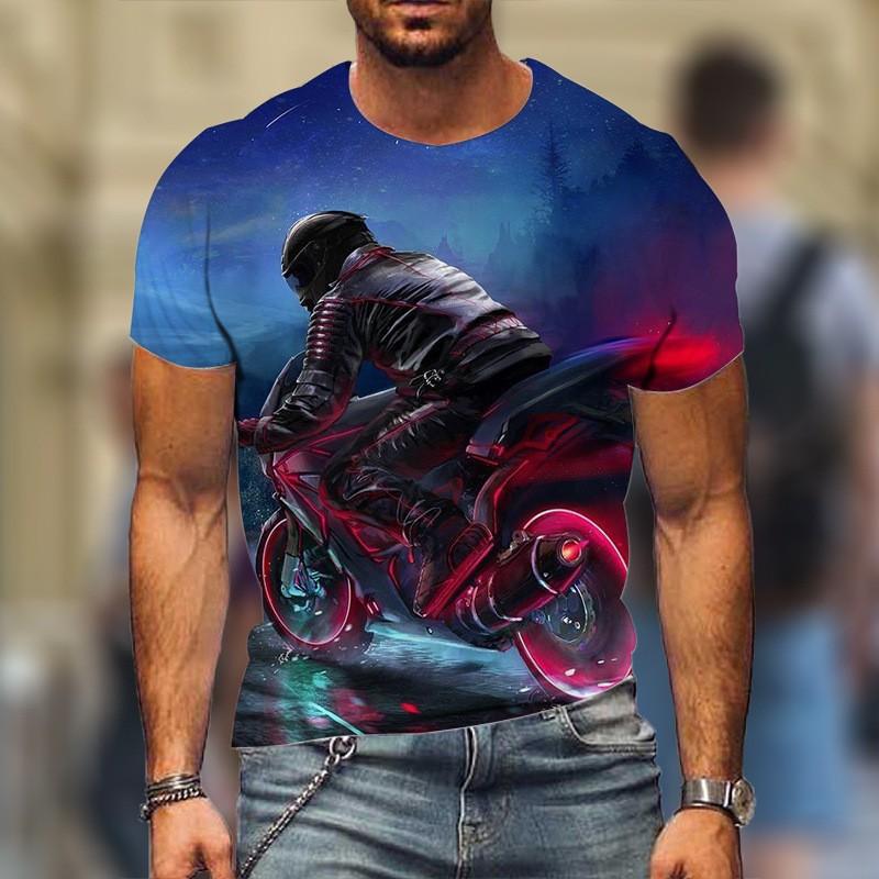 Round Neck 3D Motorcycle Printed Fashionable Casual Short Sleeved Men's T-shirts - Soft Medium Stretch Polyester Fabric Summer Relaxed Fit Clothing