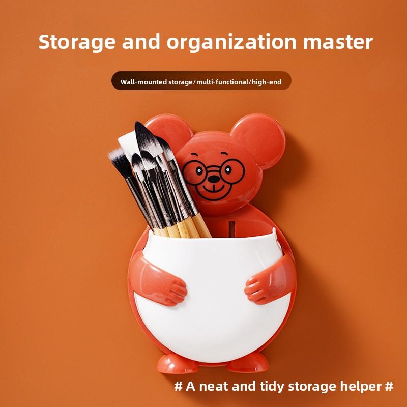 Wall-mounted Bear Storage Box, Bathroom Toothbrush and Toothpaste Draining Rack, Kitchen Storage, Chopstick Basket, Living Room Storage