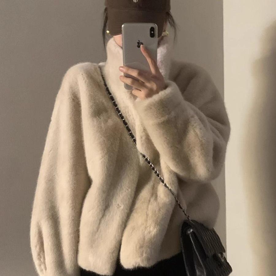 2025 Winter Women's Faux Mink Fur Short Coat with Stand Collar