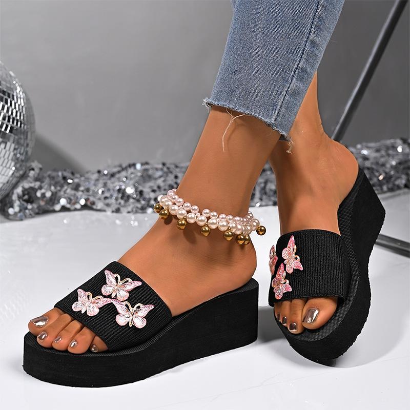 Butterfly Metal Decor Wedges Sandals  Women Thick Sole Non Slip Casual Slippers Woman Summer Plus Size Chunky Platform Slippers