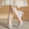 Women's High Heel Sandals 2025 Spring/Summer New Style Pointed Bow Pearl Fine Heel Shoes French Crystal Wedding Shoes