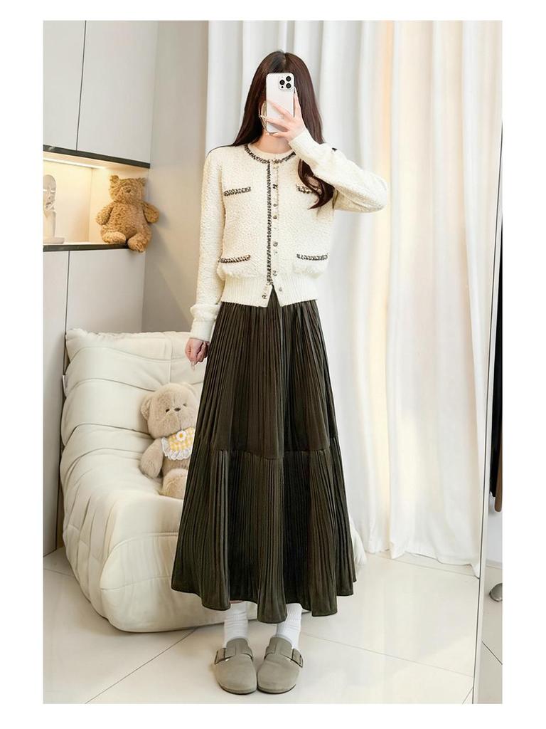 Women's Black Gold Velvet A-line Pleated Midi Skirt, High Waist, Spring/Autumn 2026