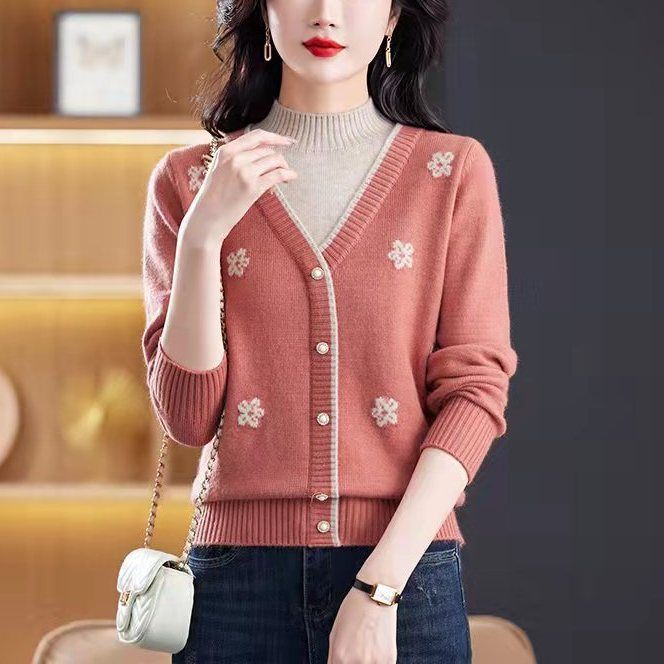 Women's Semi-turtleneck Sweater Autumn Winter Thickened Printed Color-block Knit Sweater Loose Jacquard Pullover Knit Top Outwear