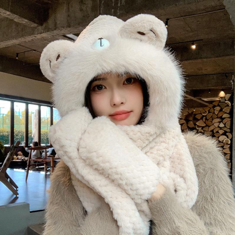 Plush hat, scarf, gloves, integrated hat, female cute fashion ear protection pullover hat, winter warm and cold three-piece set